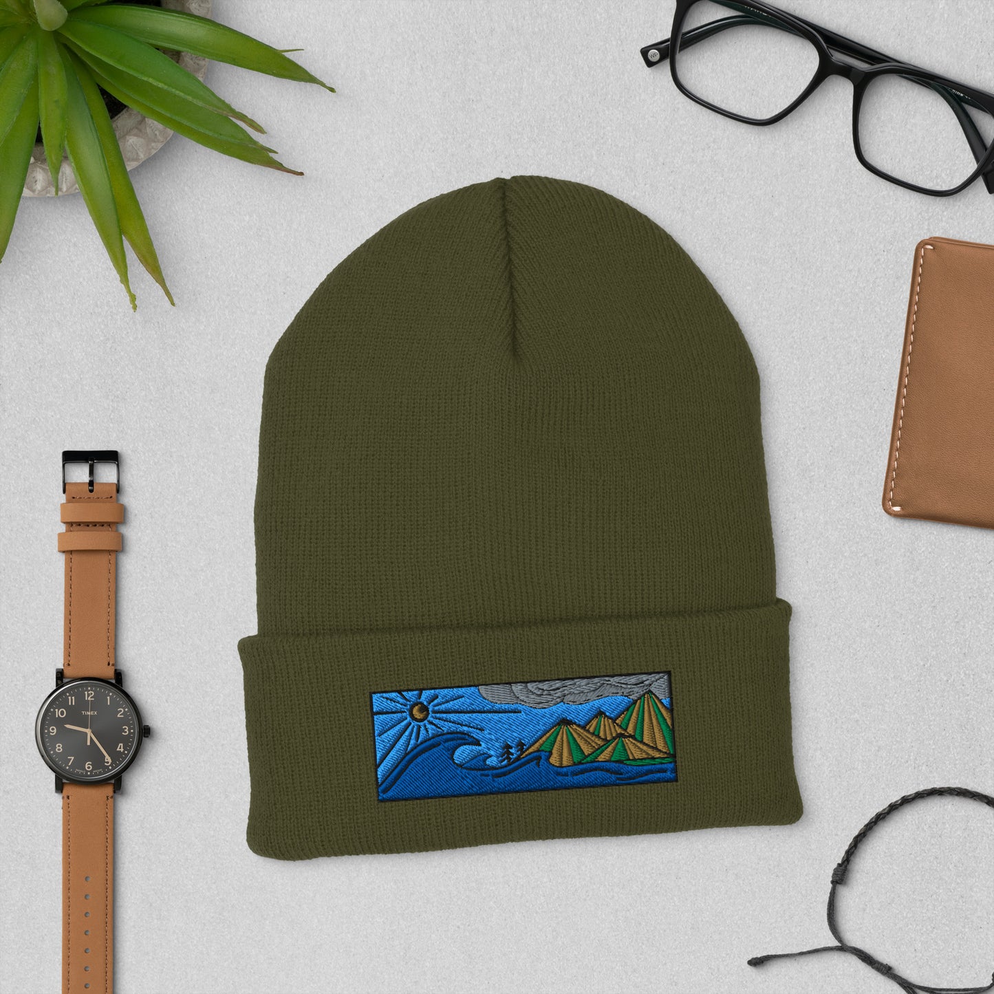 cuffed beanie, colored embroidery of seascape and mountains, olive