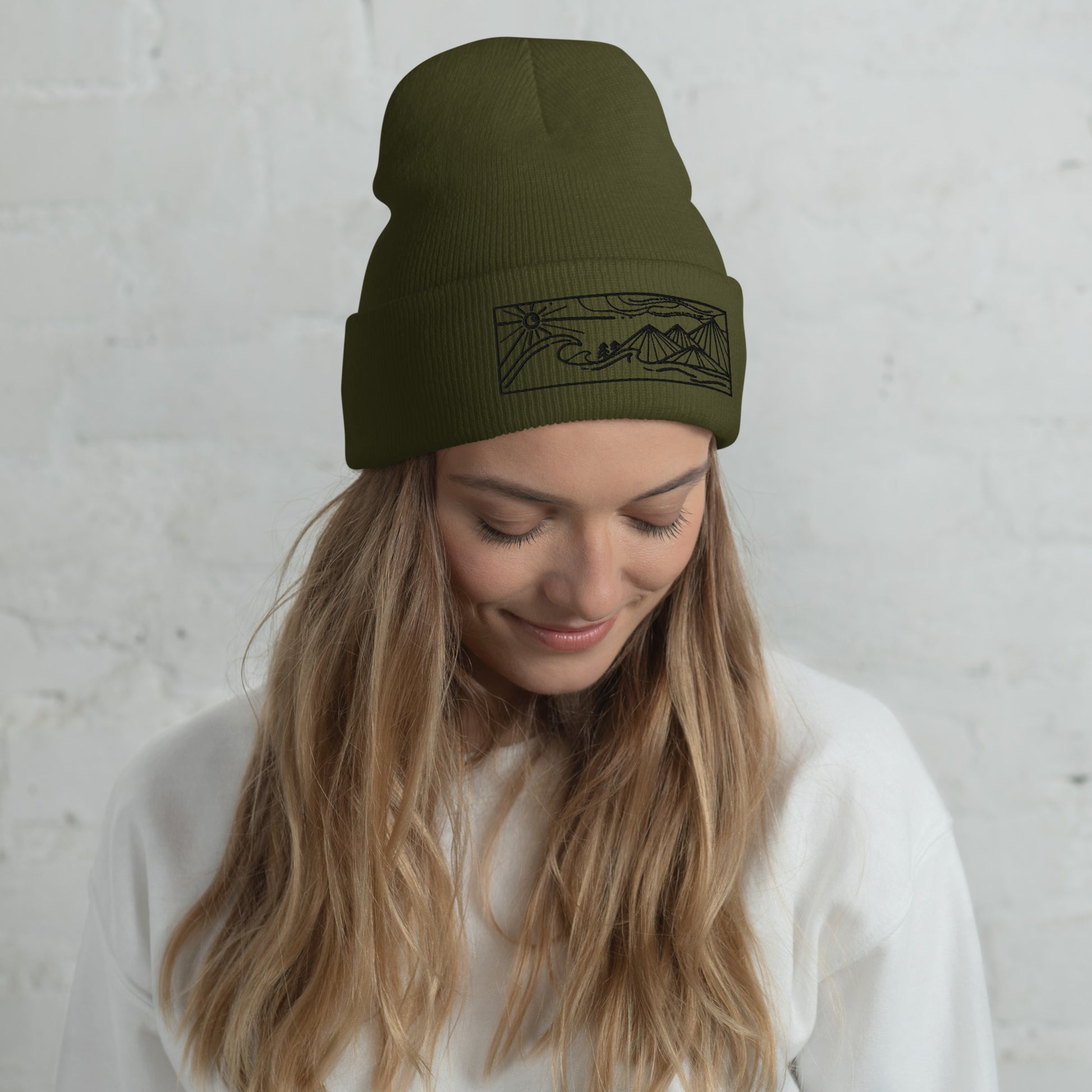 cuffed beanie, black embroidery of seascape and mountains, olive