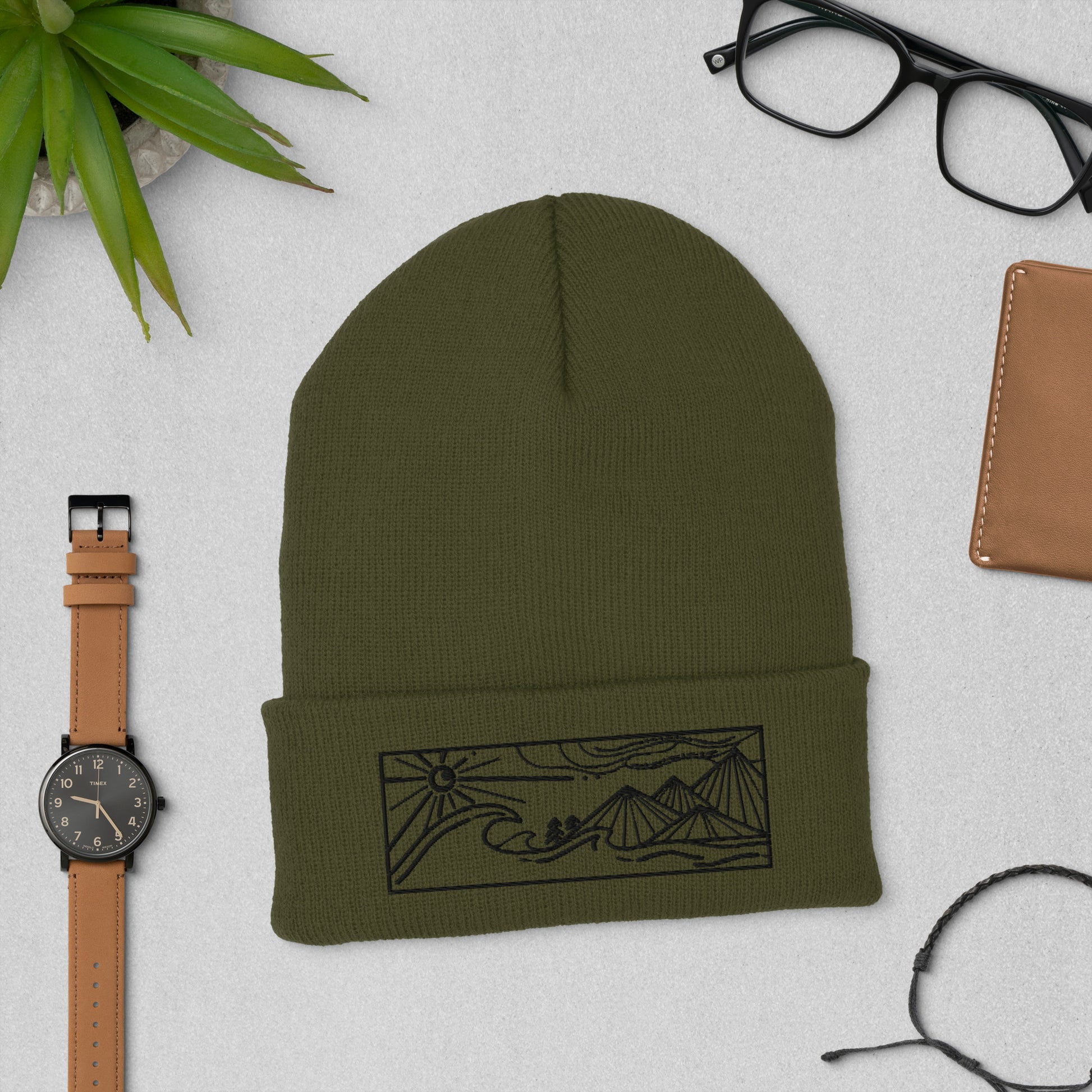 cuffed beanie, black embroidery of seascape and mountains, olive