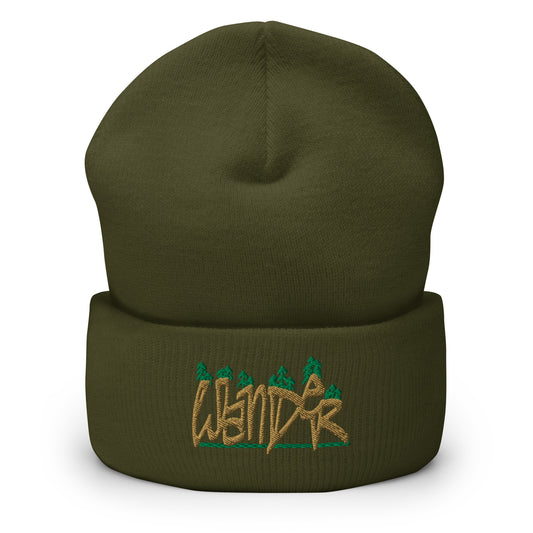 cuffed beanie, olive front, embroidered wander, three in the trees