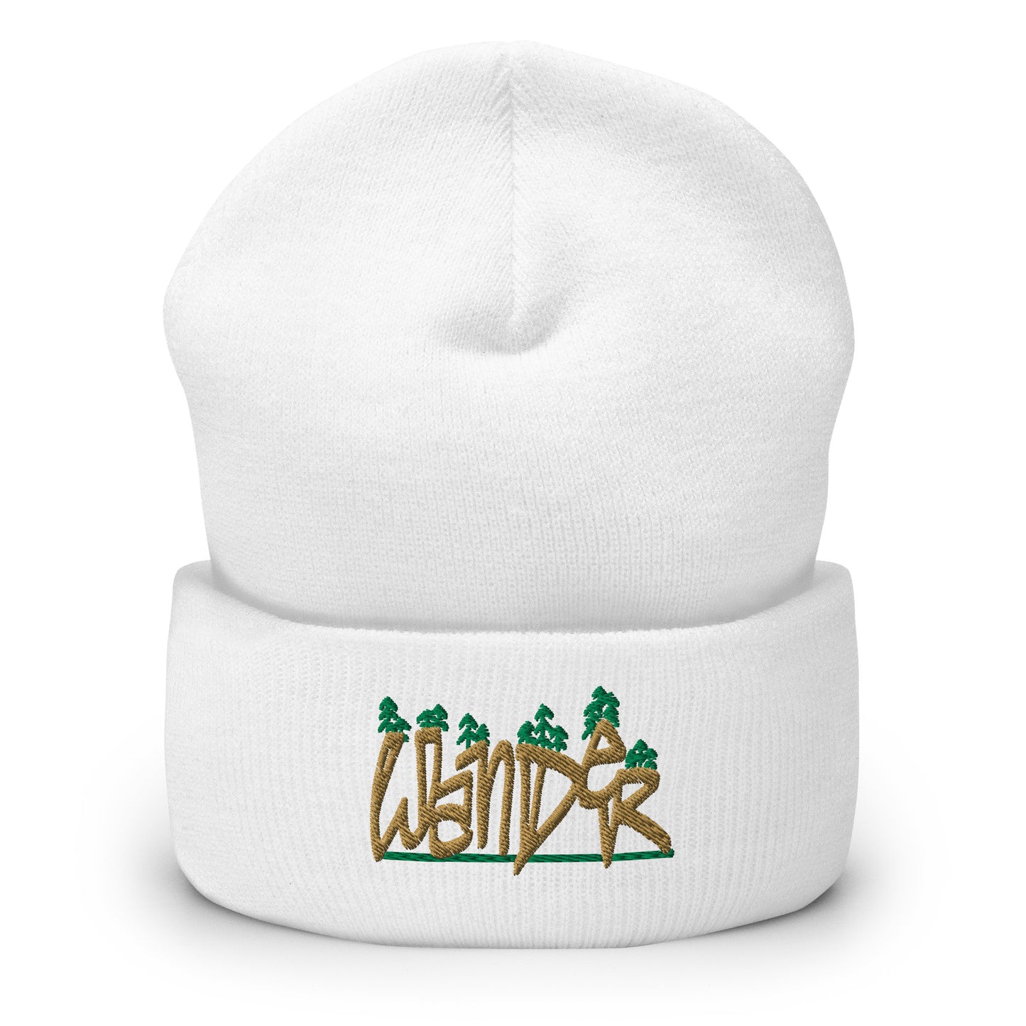 cuffed beanie,white front, embroidered wander, three in the trees