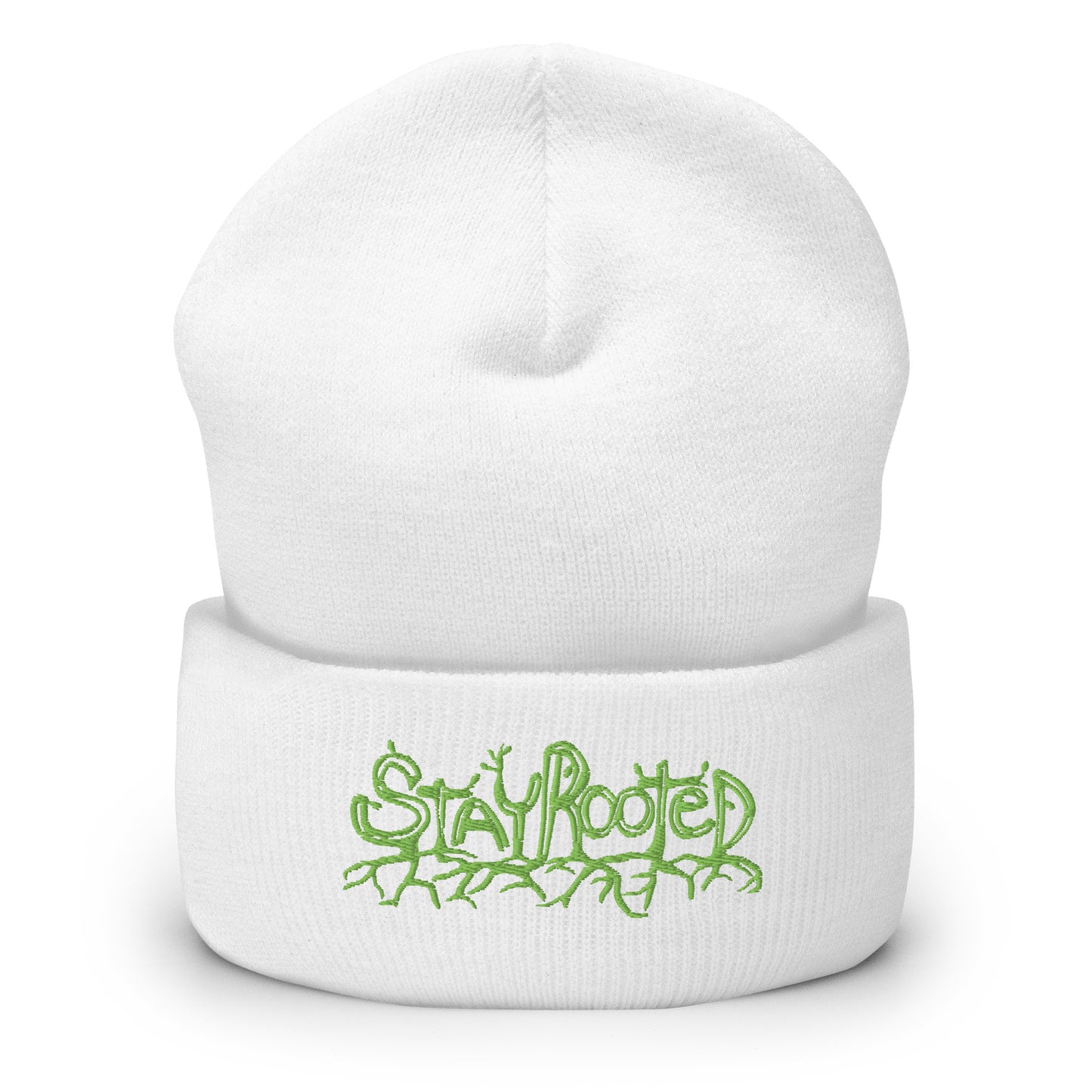 cuffed beanie white front, embroidered stay rooted, three in the trees