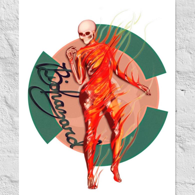 enhanced matte paper poster, retro biohazard sign design with feminine skeleton in flames, 11x14 detail zoom