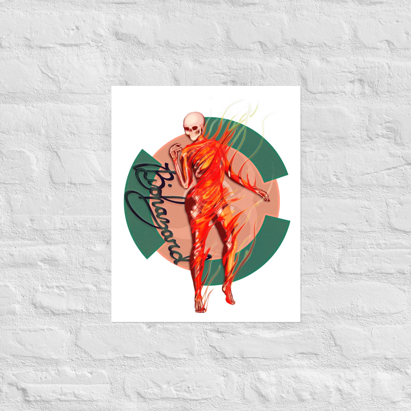 enhanced matte paper poster, retro biohazard sign design with feminine skeleton in flames, 16x20