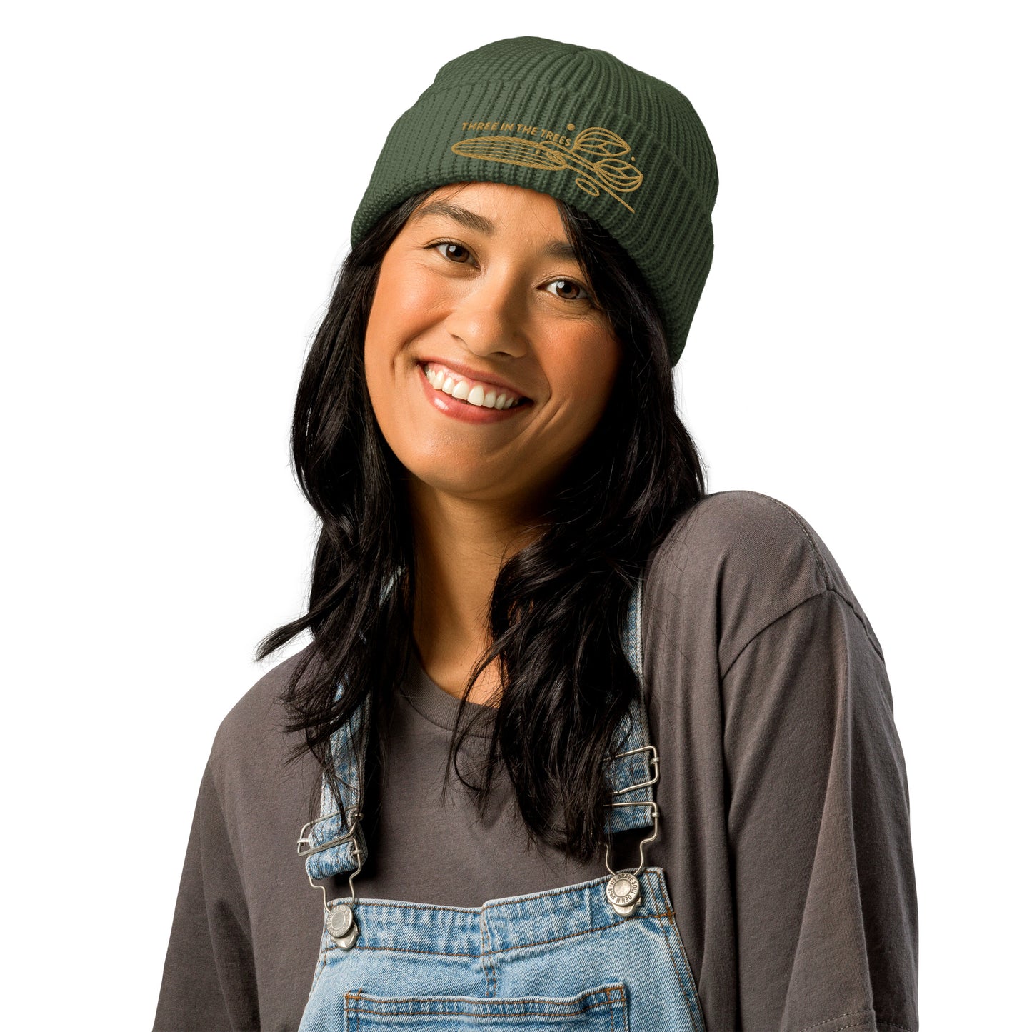 fisherman beanie, cypress model, Three in the Trees laid out design embroidered