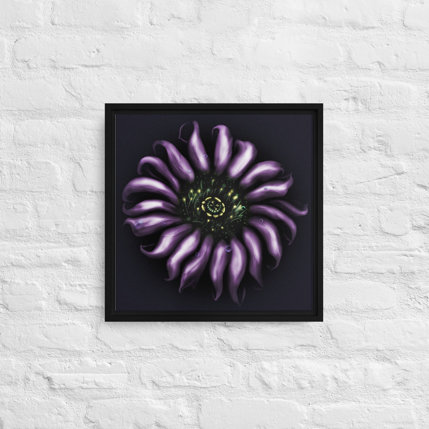 Product mockupframed canvas print, surreal digital painting of purple passion flower 16x16