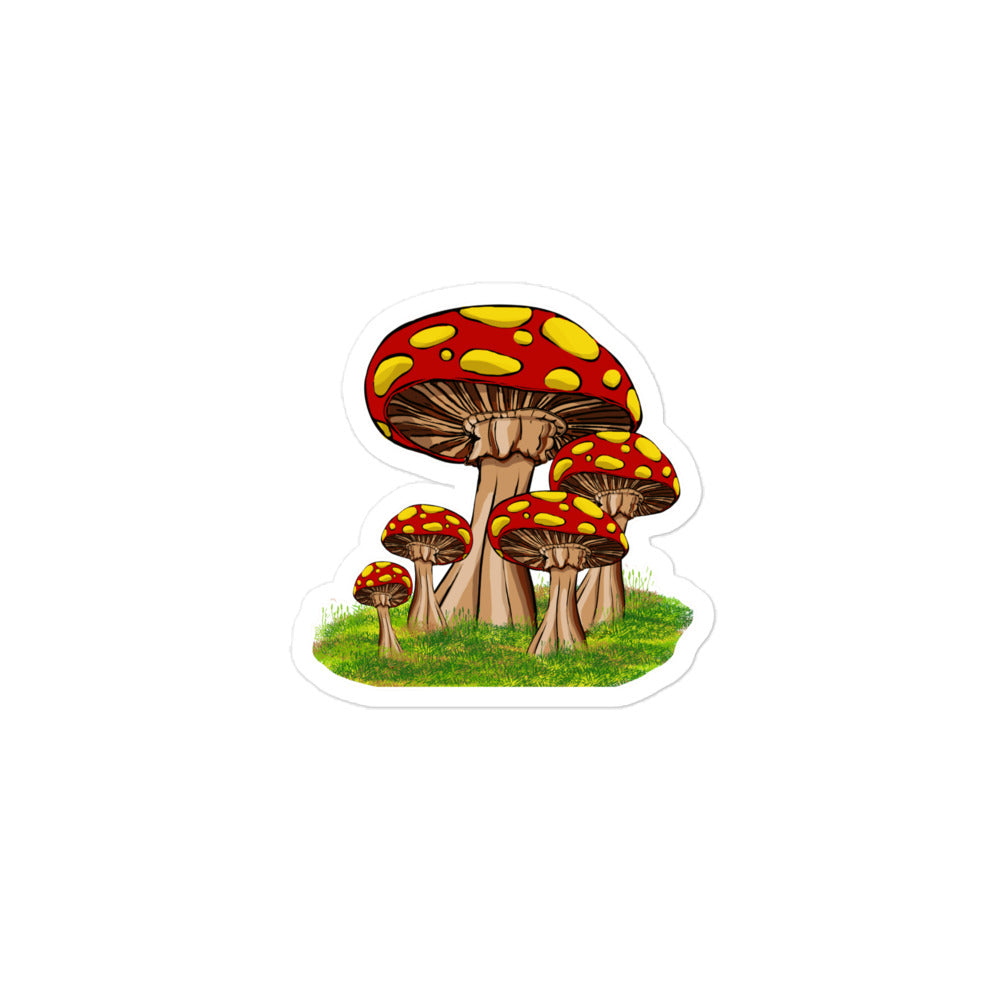 kiss cut sticker, group of fairytale mushrooms on mossy ground 3x3