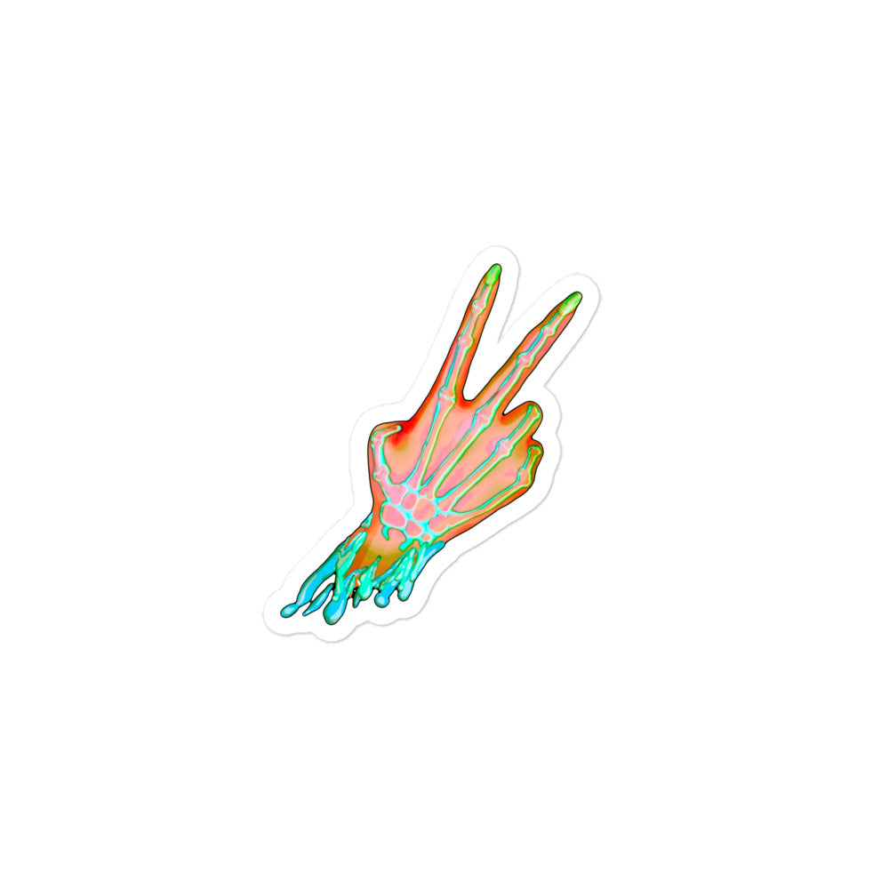 kiss cut sticker, neon colored drawing of severed hand with bones and peace sign 3x3