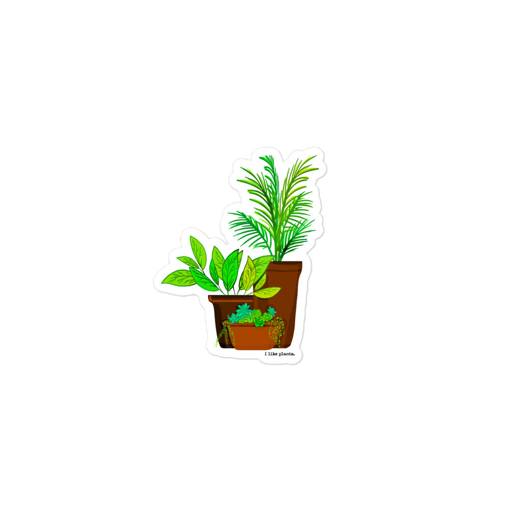 kiss cut sticker, digital drawing of plants in pots with the words "I like plants." 3x3