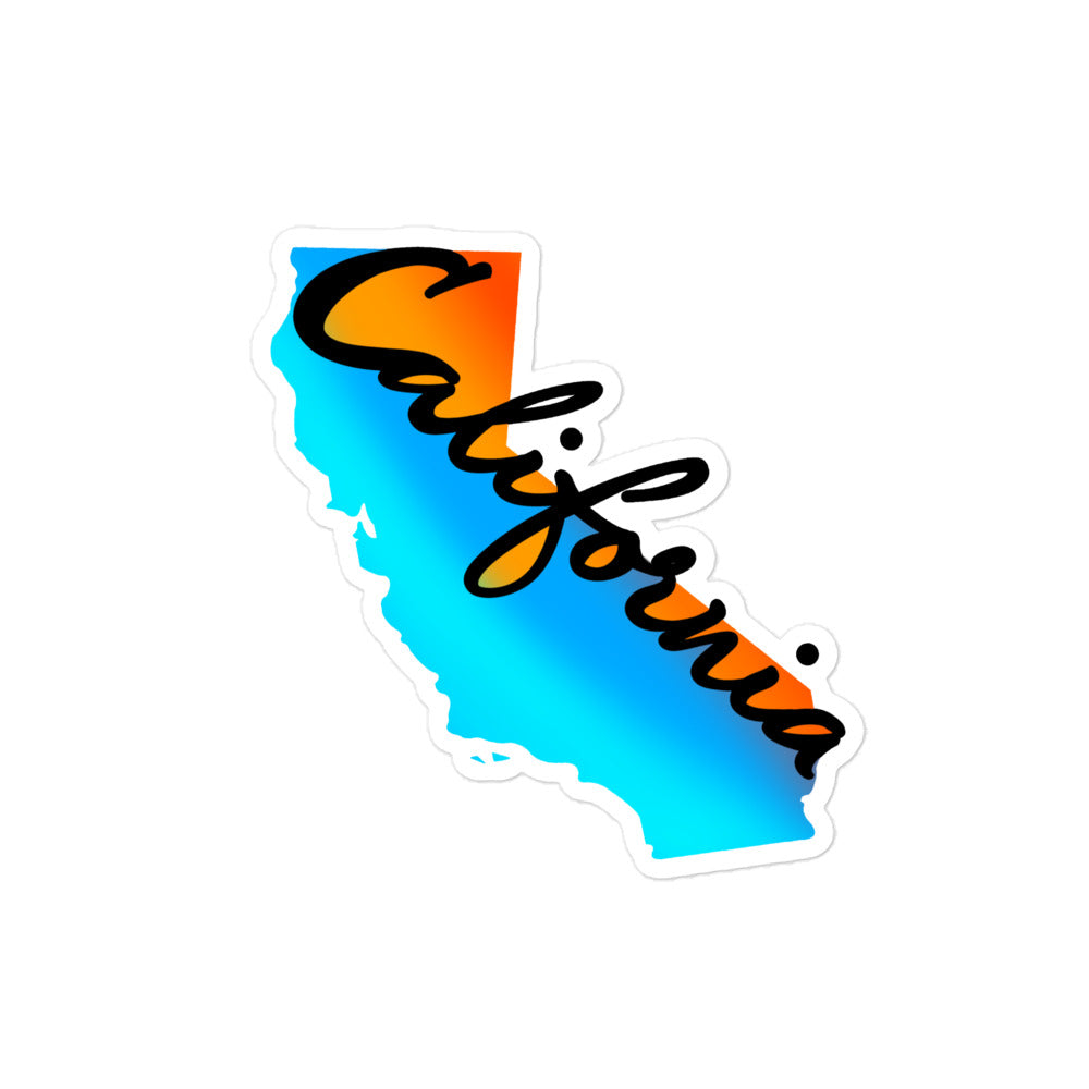 kiss cut sticker, sunset ombre colored California silhouette with California cursive written along edge 4x4