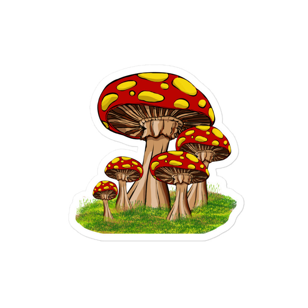 kiss cut sticker, group of fairytale mushrooms on mossy ground 4x4