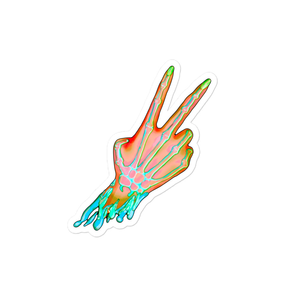 kiss cut sticker, neon colored drawing of severed hand with bones and peace sign 4x4