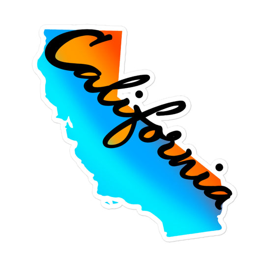 kiss cut sticker, sunset ombre colored California silhouette with California cursive written along edge 5.5x5.5