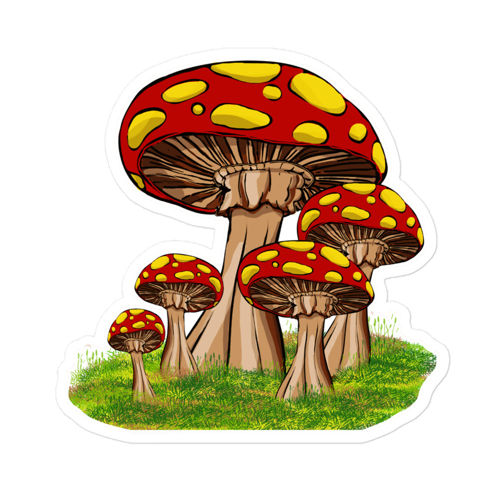 kiss cut sticker, group of fairytale mushrooms on mossy ground 5.5x5.5