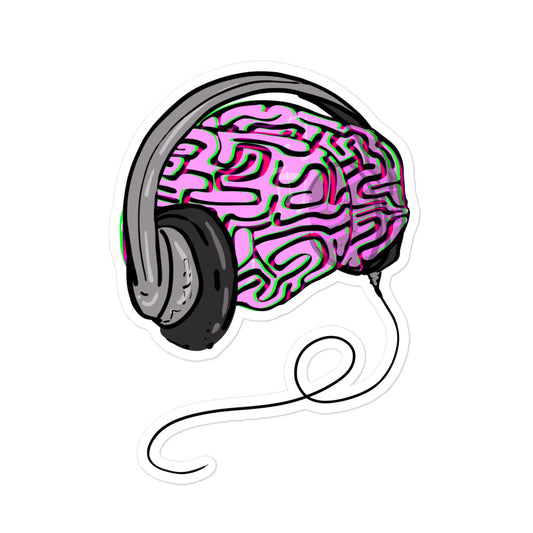 kiss cut sticker, cartoon brain wearing headphones 5.5x5.5