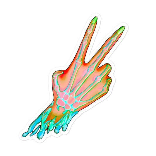 kiss cut sticker, neon colored drawing of severed hand with bones and peace sign 5.5x5.5