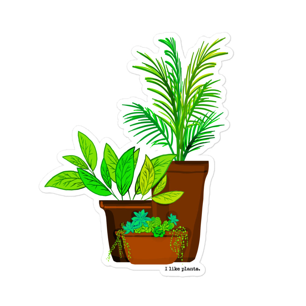 kiss cut sticker, digital drawing of plants in pots with the words "I like plants." 5.5x5.5