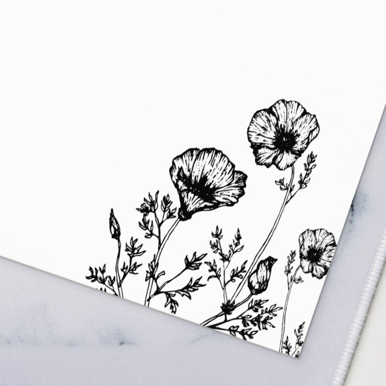 notepad with ink California poppy corner design, 11x8.5 detail zoom