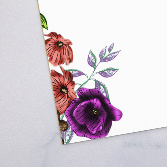 notepad with colorful flowers, leaves, and foliage, detail zoom, 11x8.5