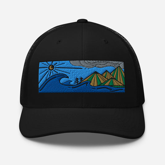 retro trucker hat colored embroidery, seascape with mountains, black