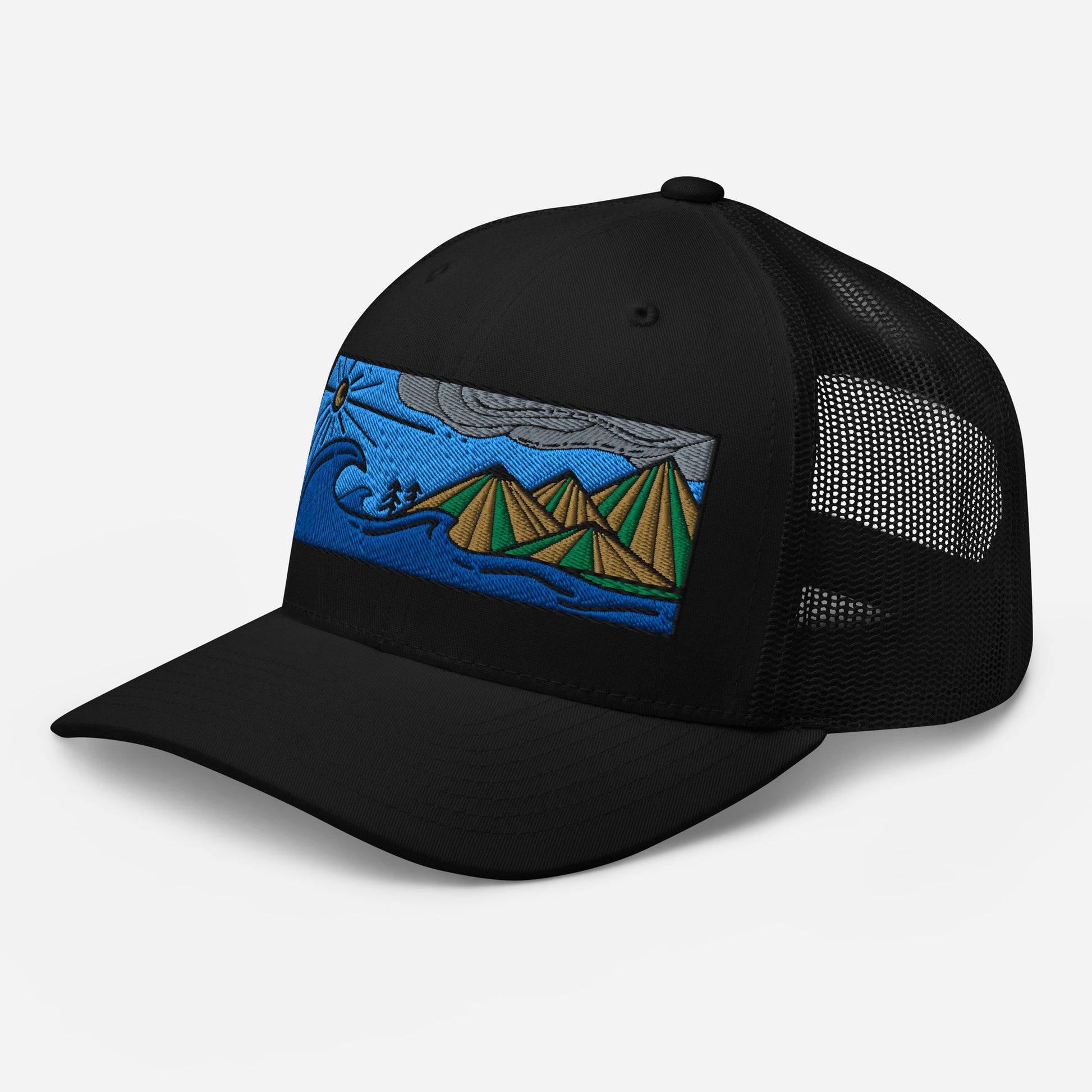 retro trucker hat colored embroidery, seascape with mountains, black