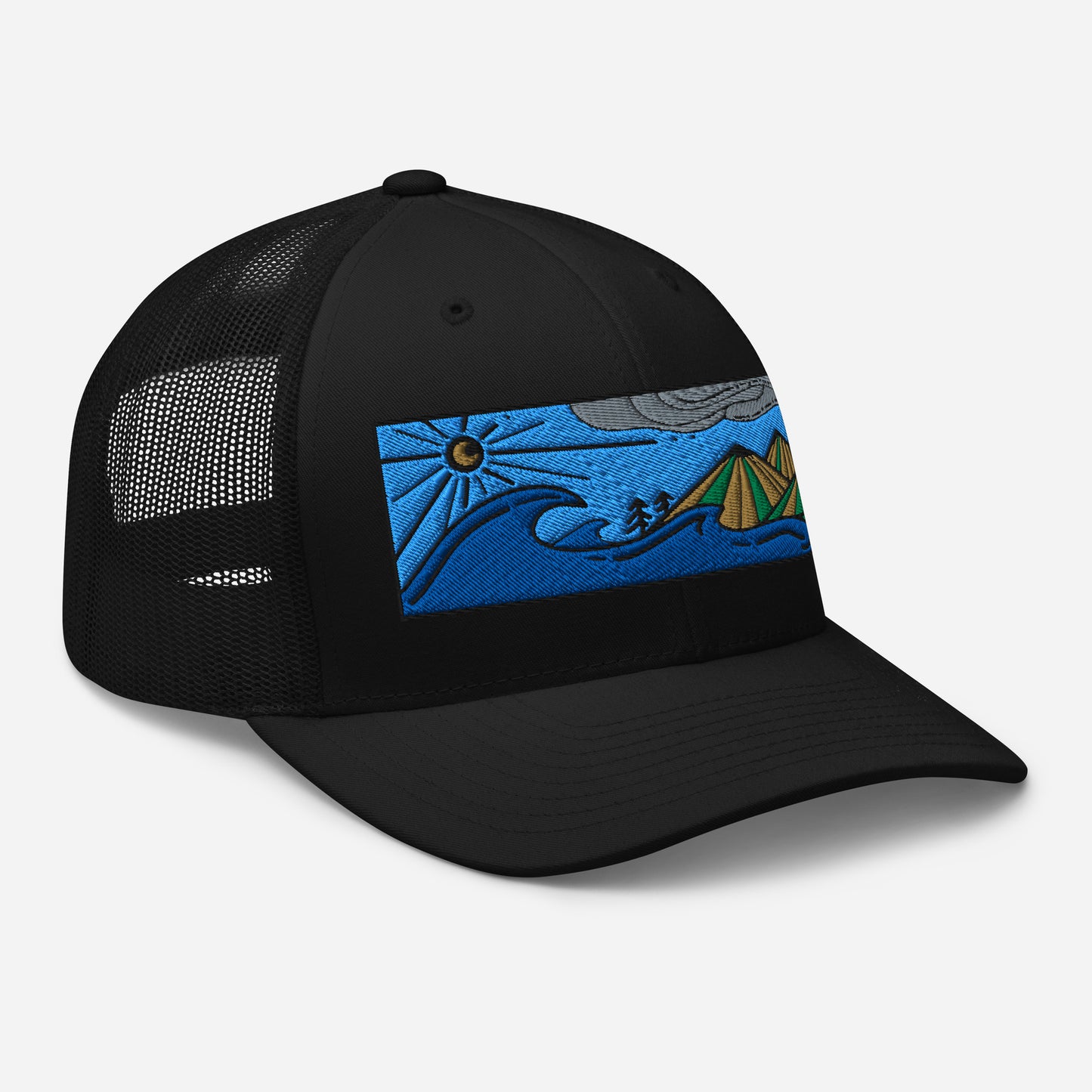 retro trucker hat colored embroidery, seascape with mountains, black