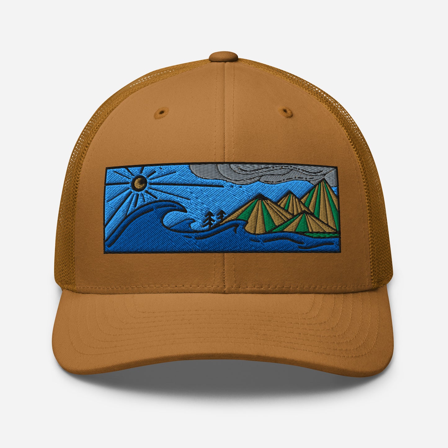 retro trucker hat colored embroidery, seascape with mountains, caramel