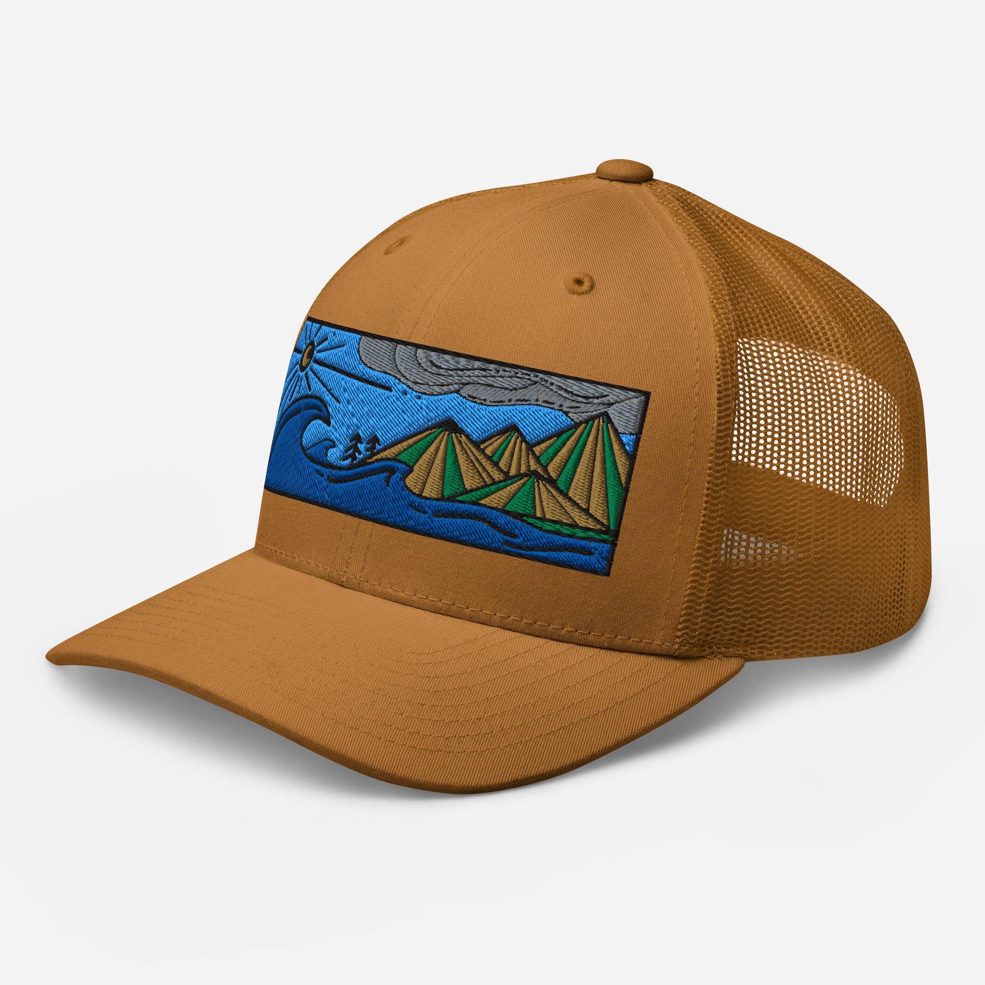 retro trucker hat colored embroidery, seascape with mountains, caramel