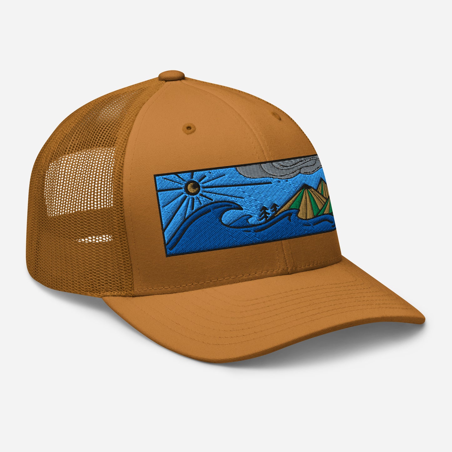 retro trucker hat colored embroidery, seascape with mountains, caramel