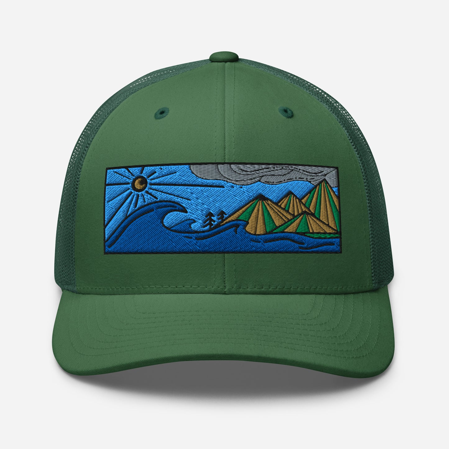 retro trucker hat colored embroidery, seascape with mountains, evergreen