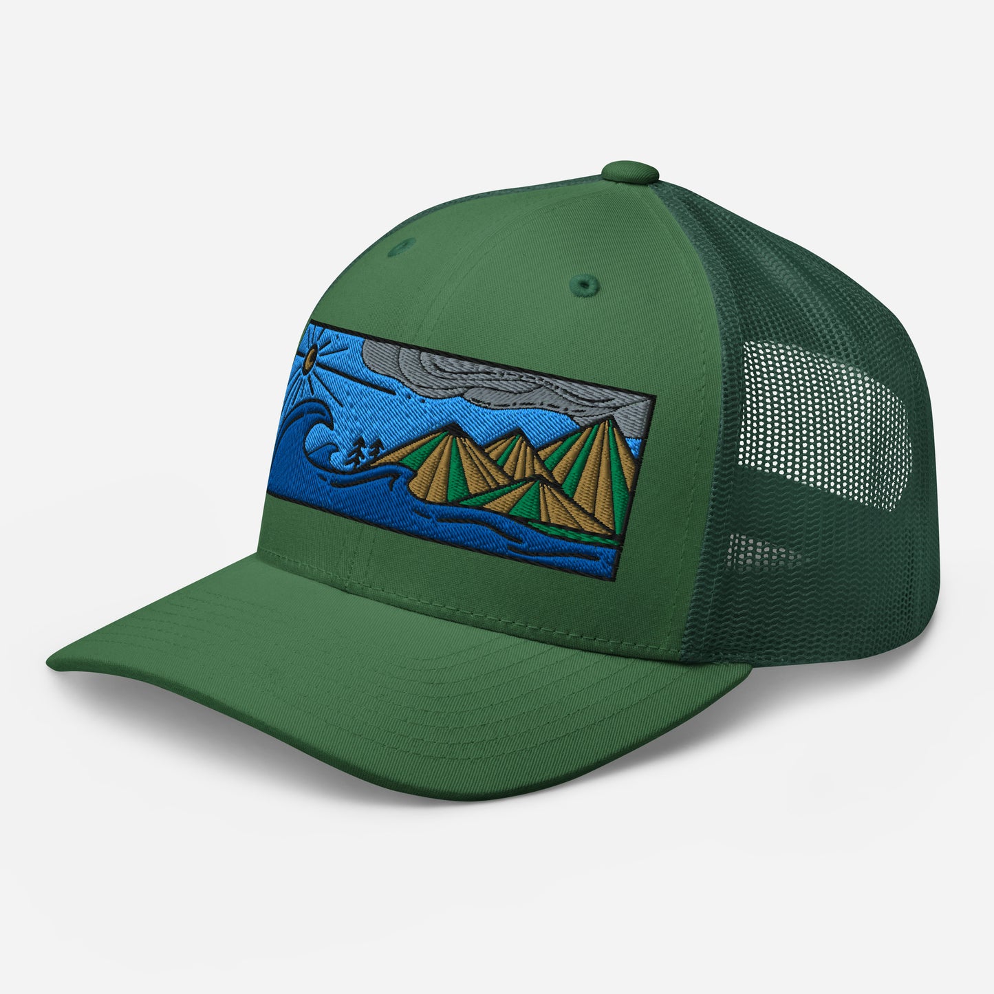 retro trucker hat colored embroidery, seascape with mountains, evergreen