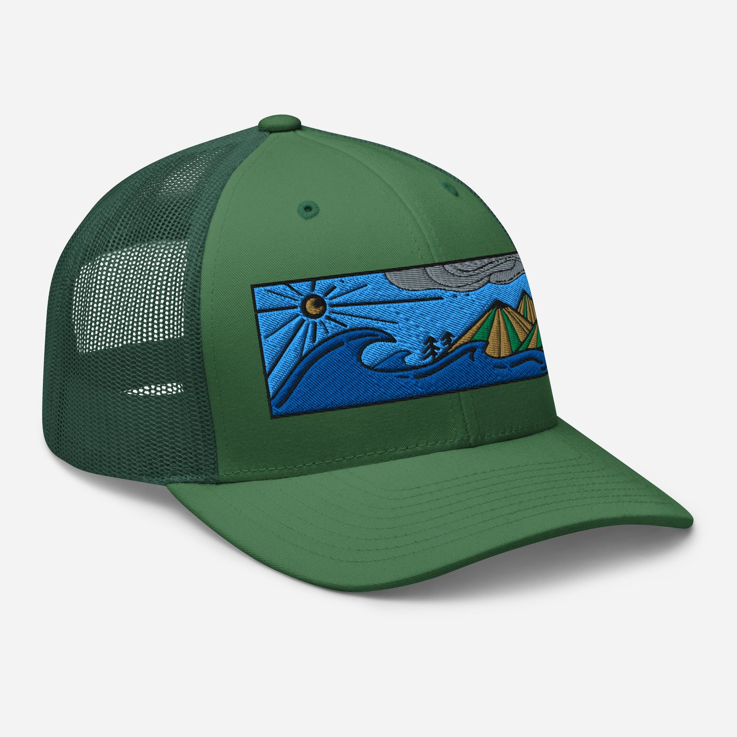 retro trucker hat colored embroidery, seascape with mountains, evergreen