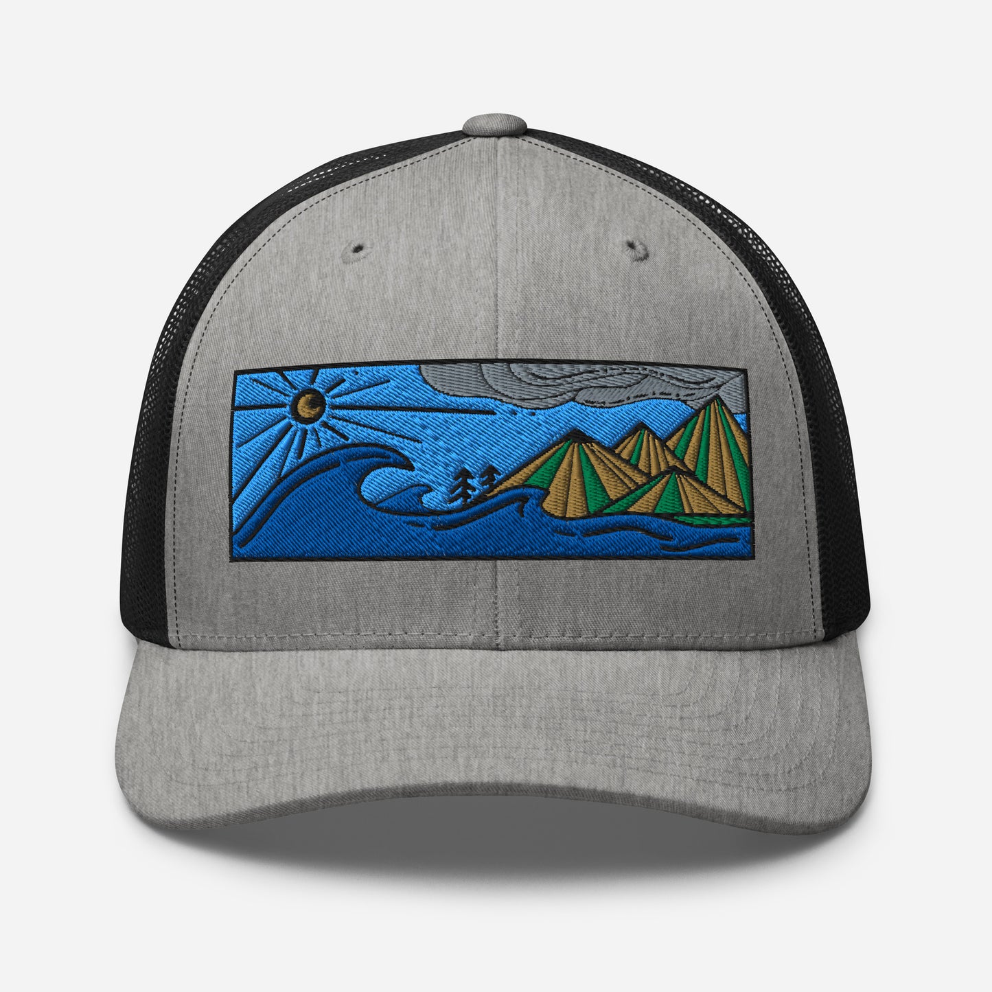 retro trucker hat colored embroidery, seascape with mountains, heather/black