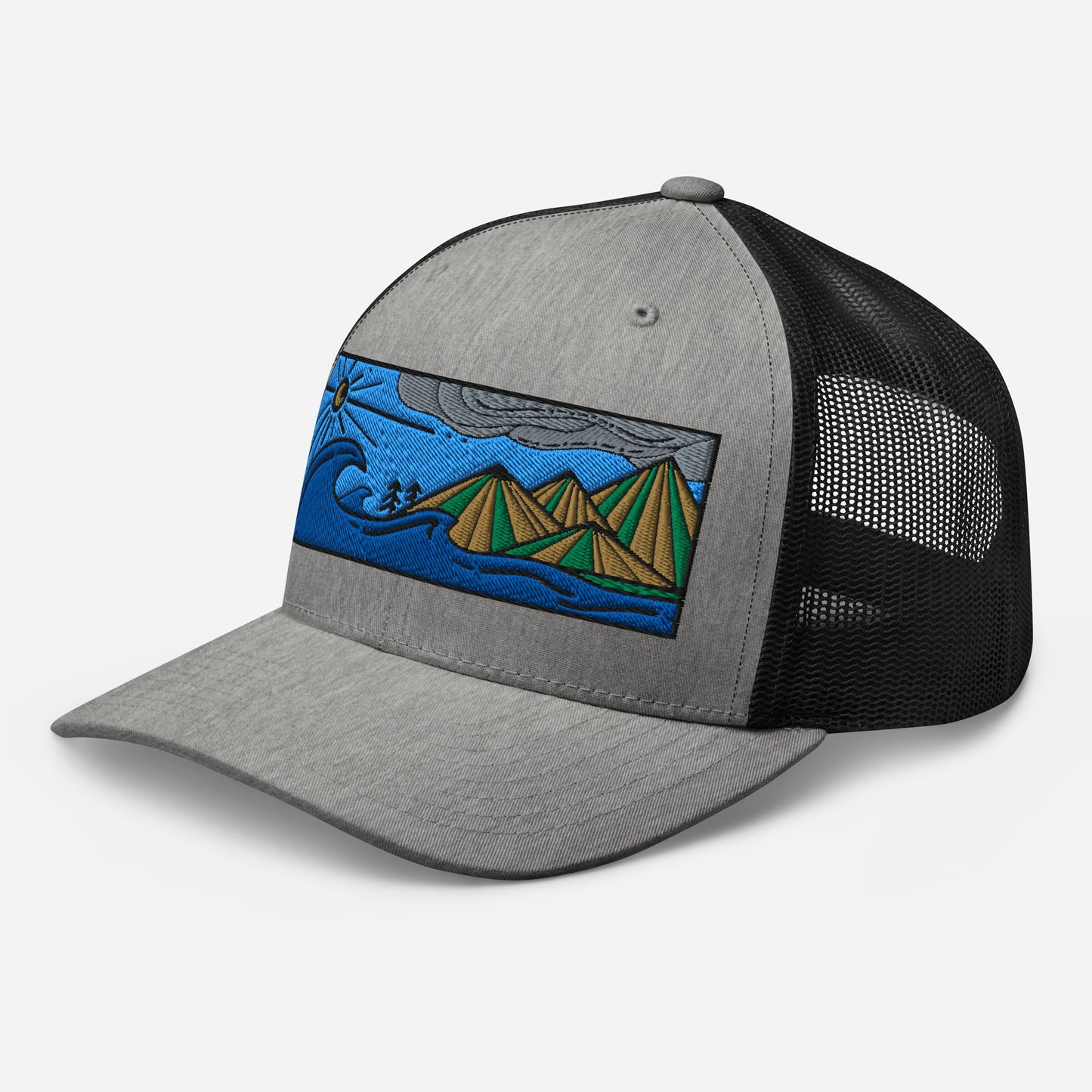 retro trucker hat colored embroidery, seascape with mountains, heather/black