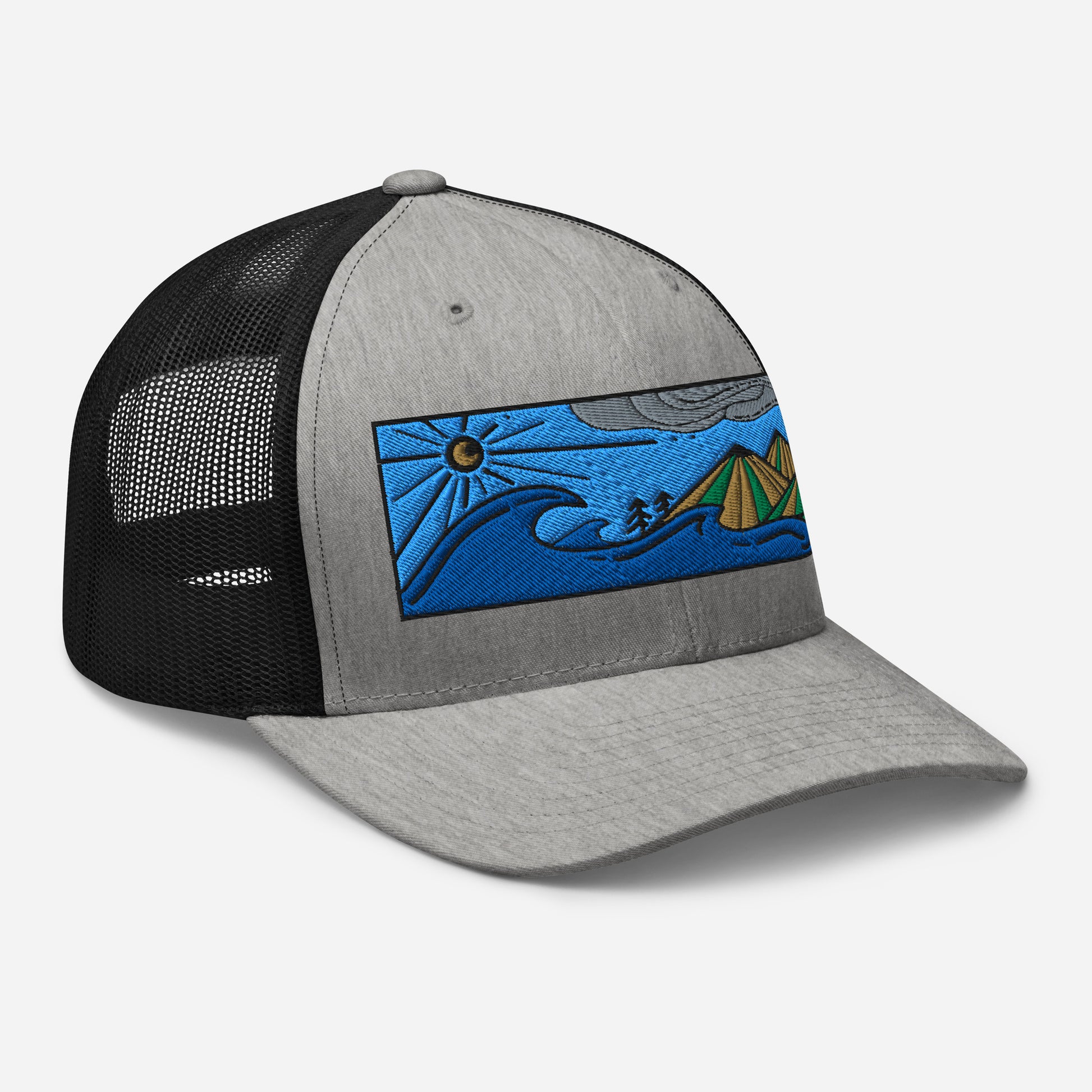 retro trucker hat colored embroidery, seascape with mountains, heather/black