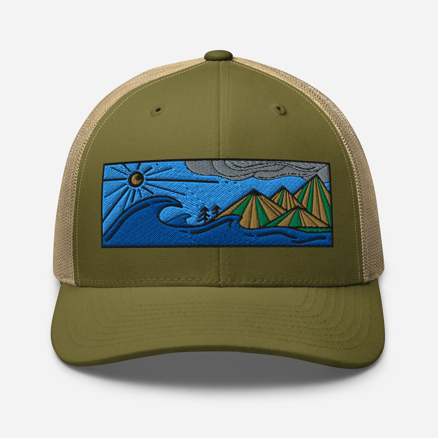 retro trucker hat colored embroidery, seascape with mountains, moss/khaki