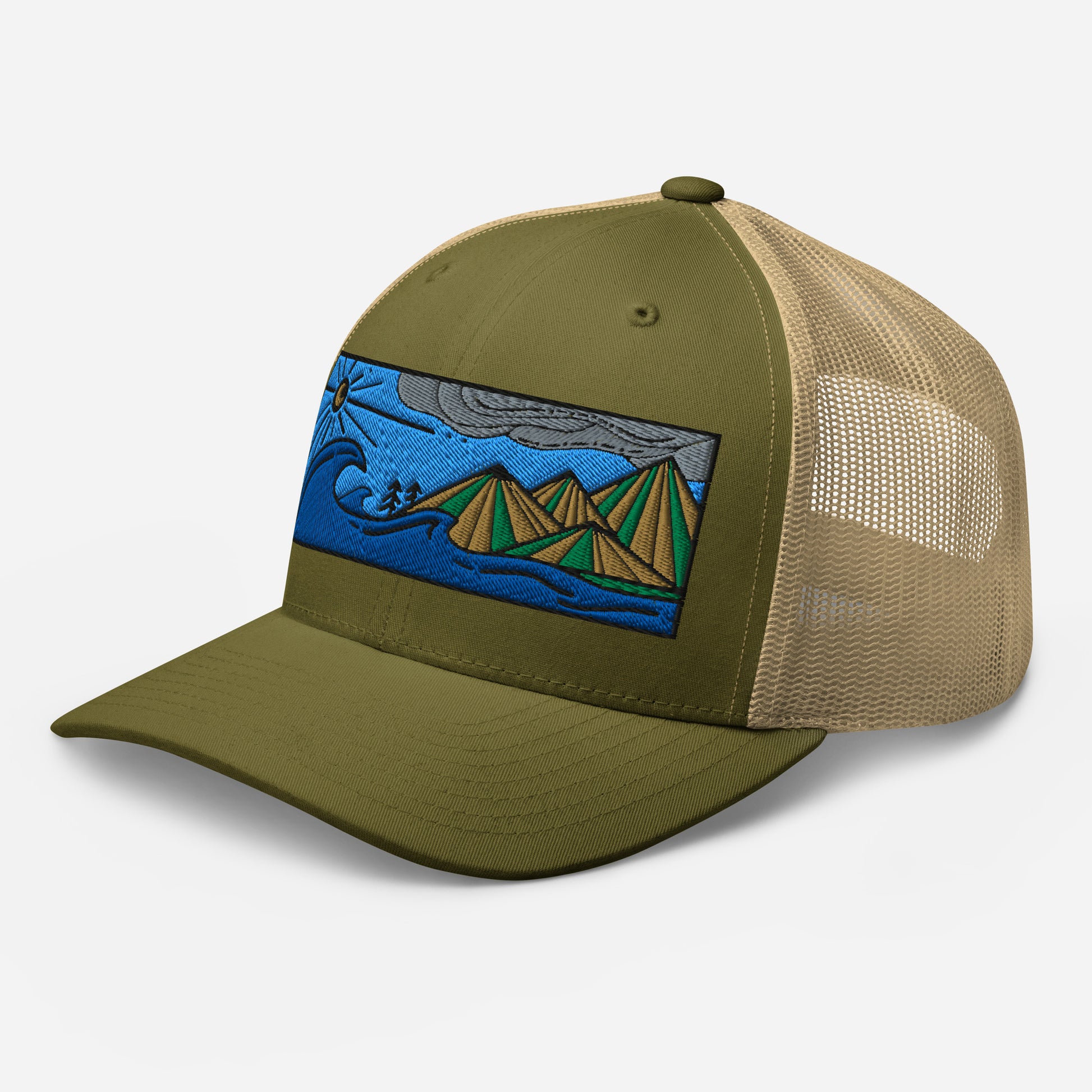 retro trucker hat colored embroidery, seascape with mountains, moss/khaki