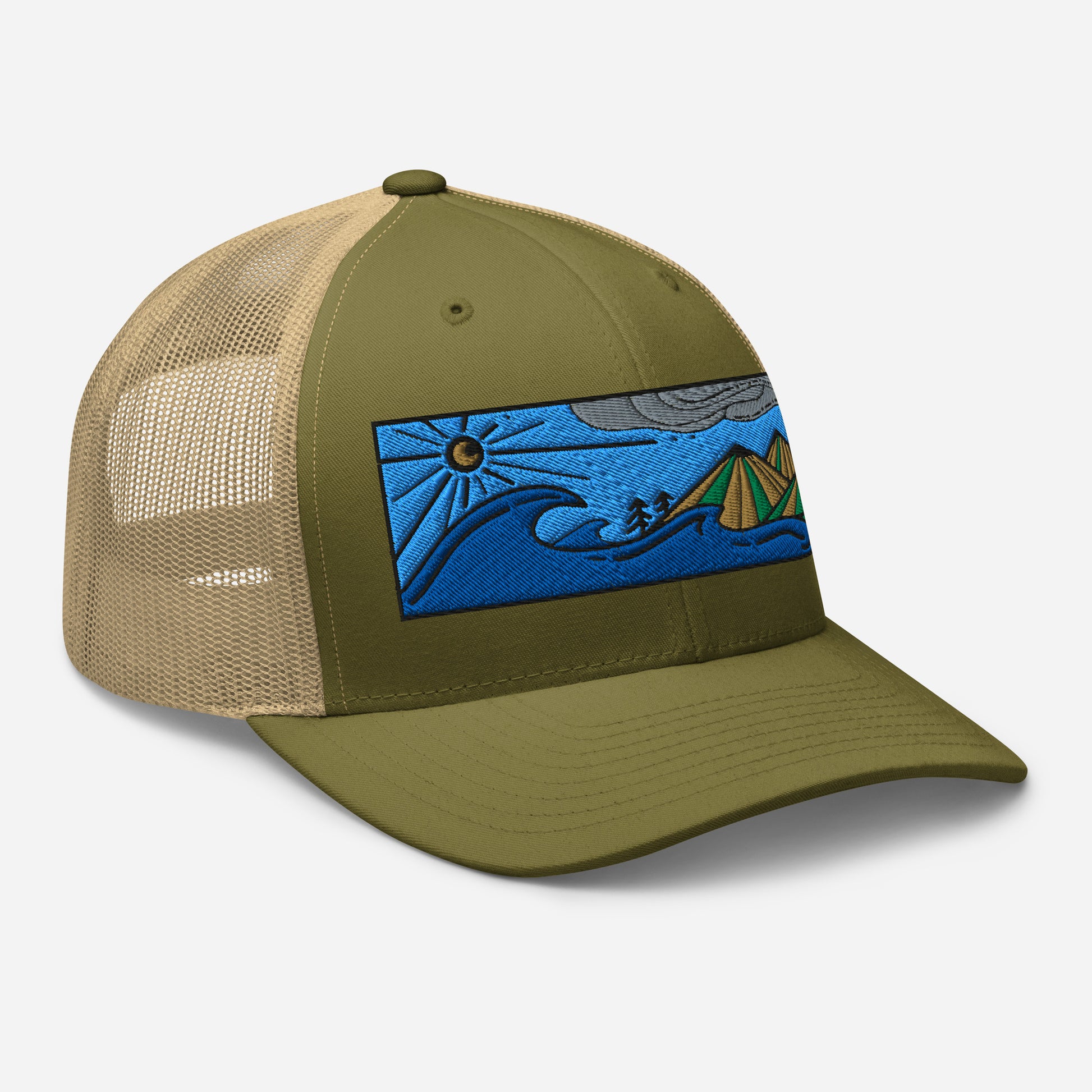 retro trucker hat colored embroidery, seascape with mountains, moss/khaki