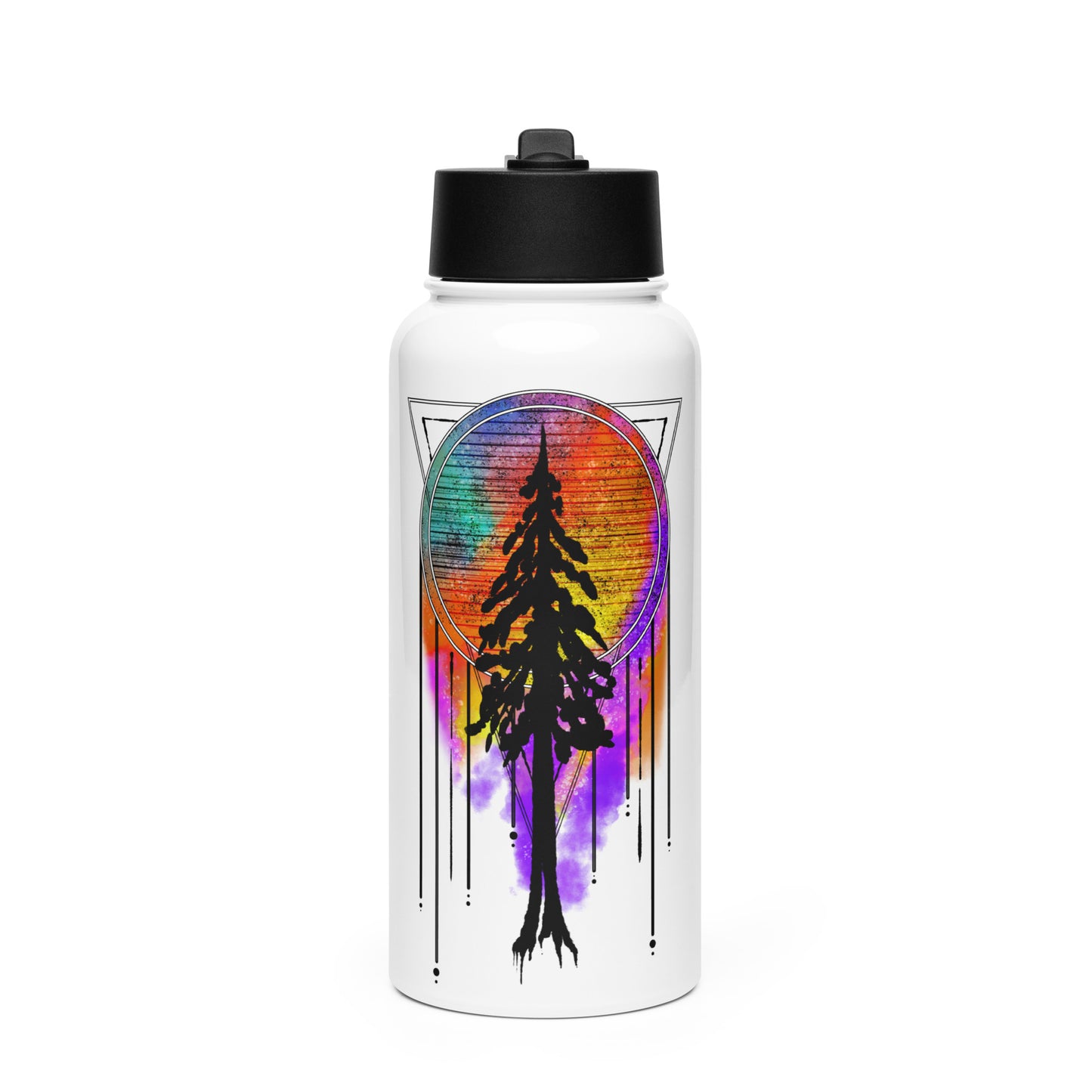 stainless steel water bottle with straw redwood silhouette with dream catcher tie dye background design