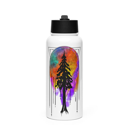 stainless steel water bottle with straw redwood silhouette with dream catcher tie dye background design