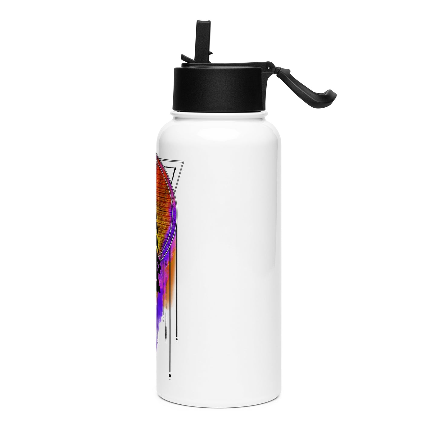 stainless steel water bottle with straw redwood silhouette with dream catcher tie dye background design, side