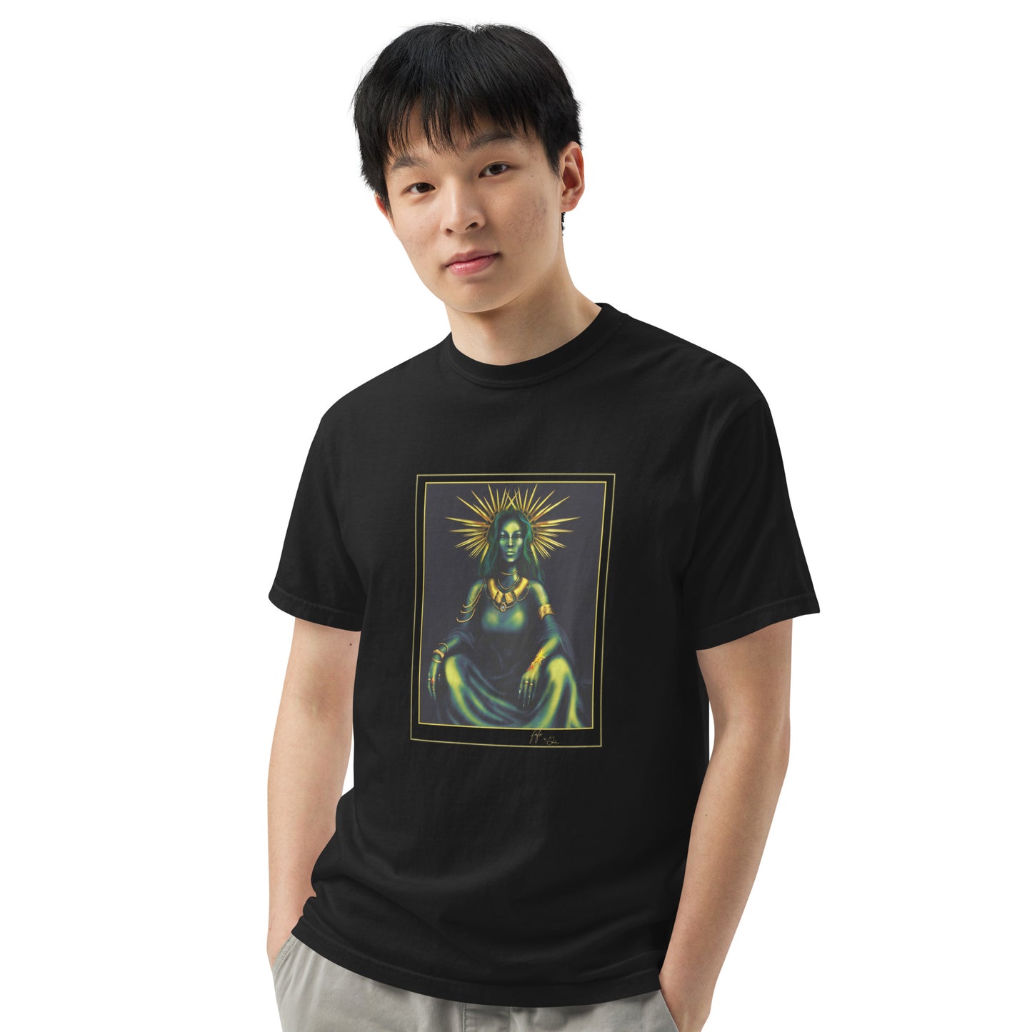 unisex garment-dyed heavyweight t-shirt, Gaia mother nature portrait, digital painting design, black, model