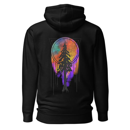 unisex premium hoodie, redwood silhouette with dream catcher tie dye background, black