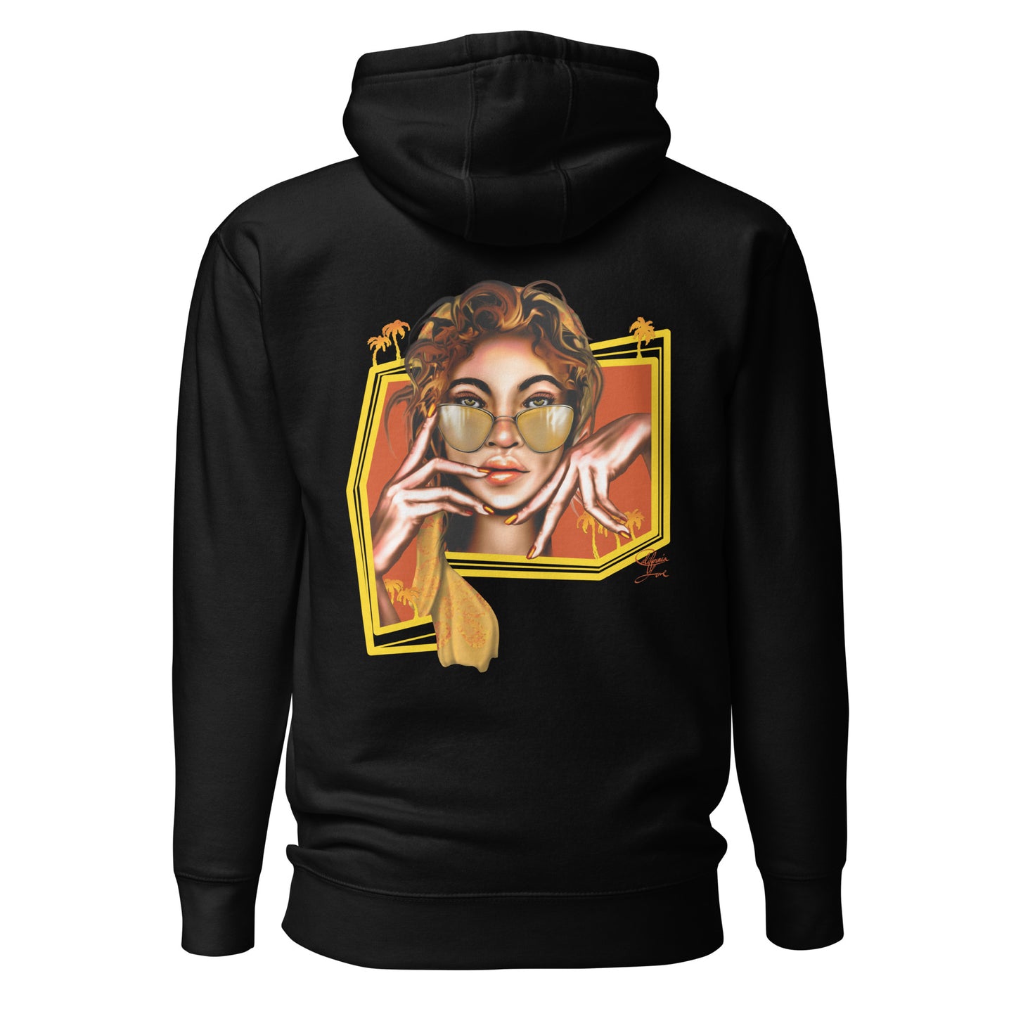 Unisex hoodie featuring Cali Love original artwork, by Three in the Trees. black, back