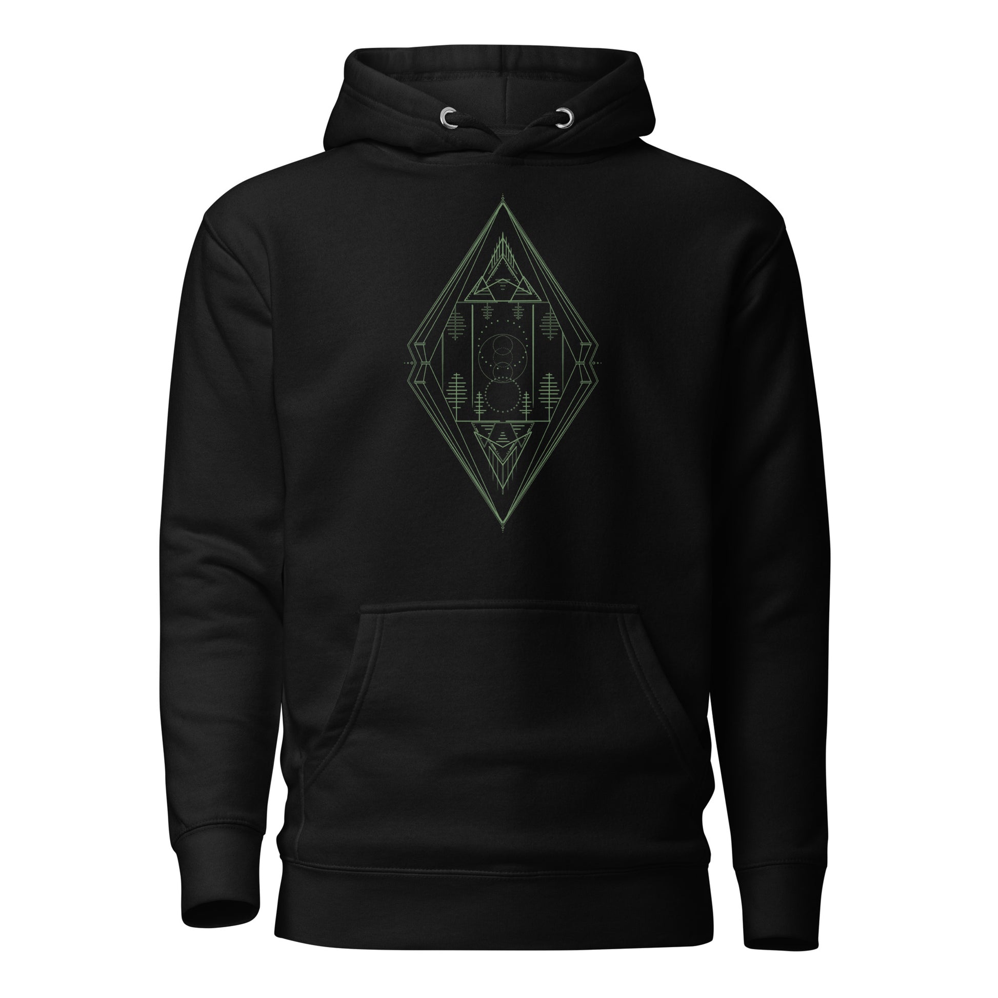 unisex hoodie black, green mountain and trees minimalist front design