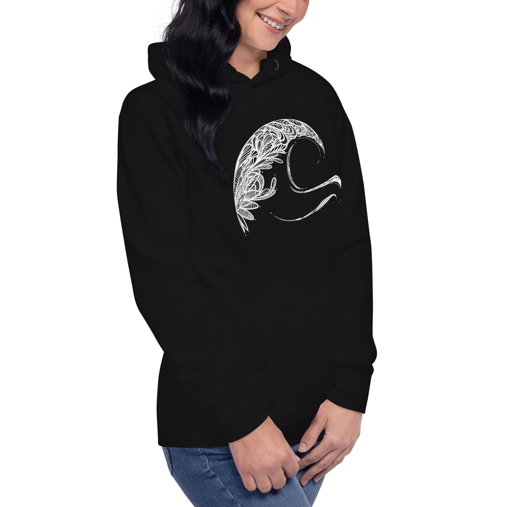 Unisex hoodie featuring Tribal Wave, design by Three in the Trees. black, model