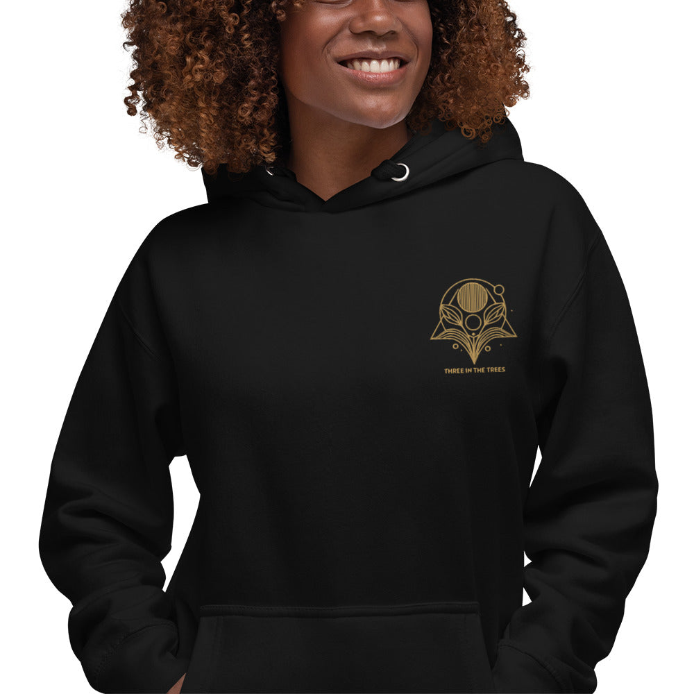unisex embroidered premium hoodie. Three In The Trees logo design, black, model