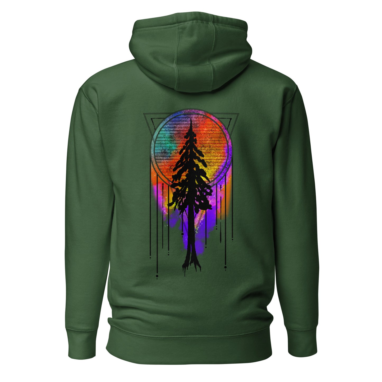 unisex premium hoodie, redwood silhouette with dream catcher tie dye background, forest green