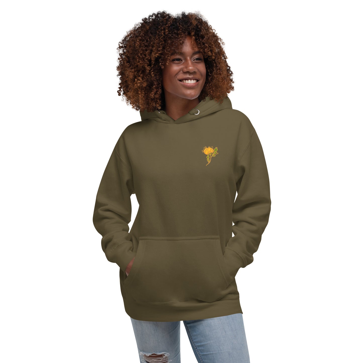 Cali Ripples premium unisex hoodie, by Three in the Trees, front military green model