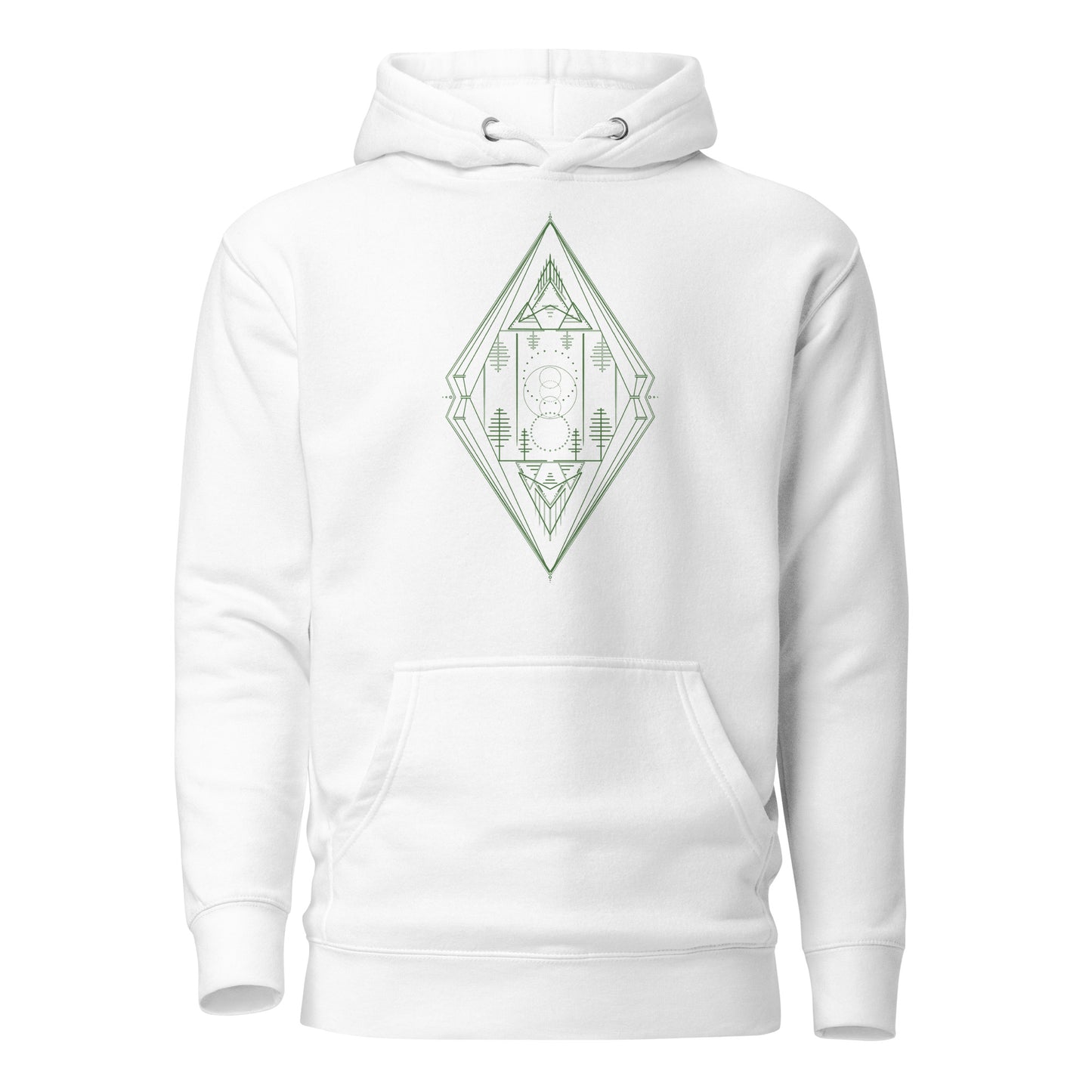 unisex hoodie white, green mountain and trees minimalist design, front